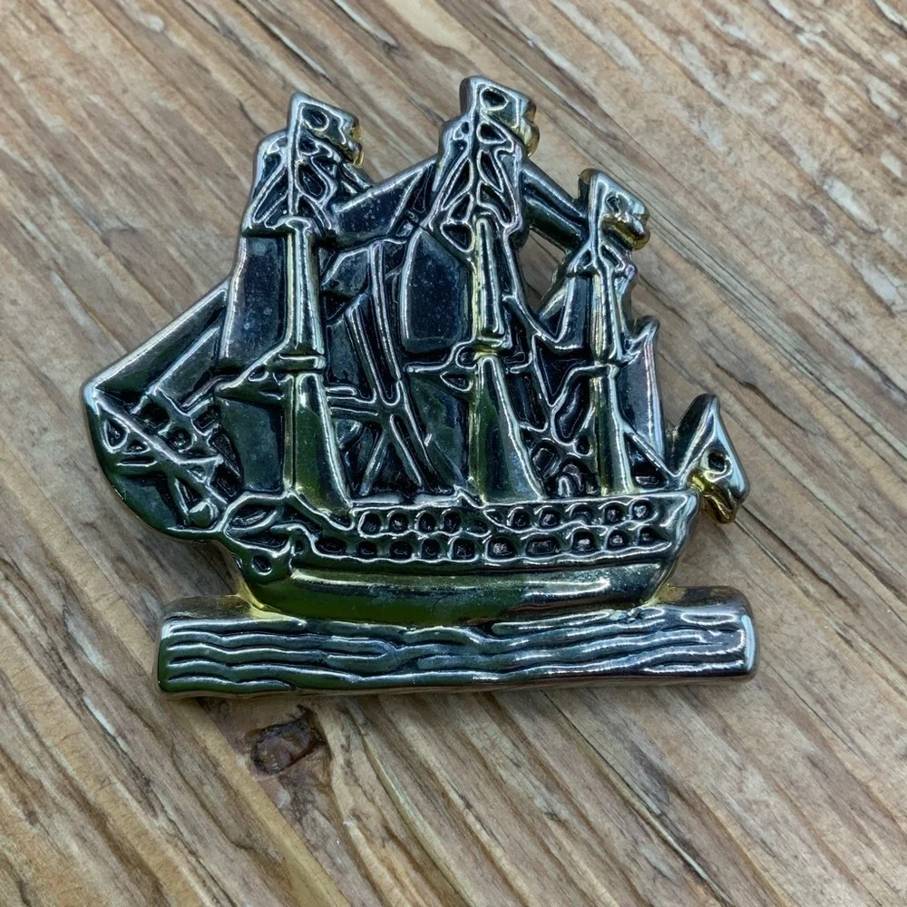 Pirate Ship Vintage Silver Gold Tone Tone Gasparilla Themed Pendant Brooch